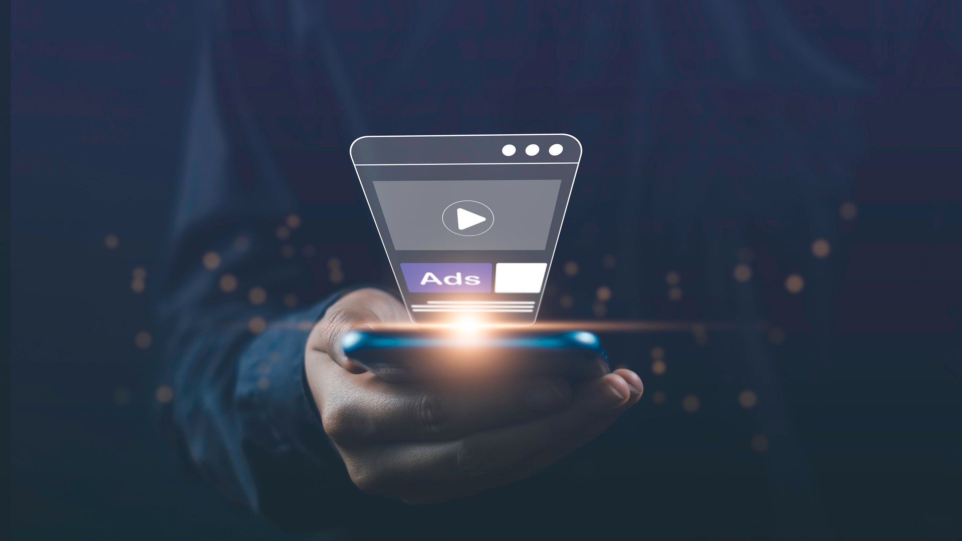 Ads show on mobile screen in video content website. Online programmatic advertising marketing for target optimize click  campaign through rate customer engagement concept.