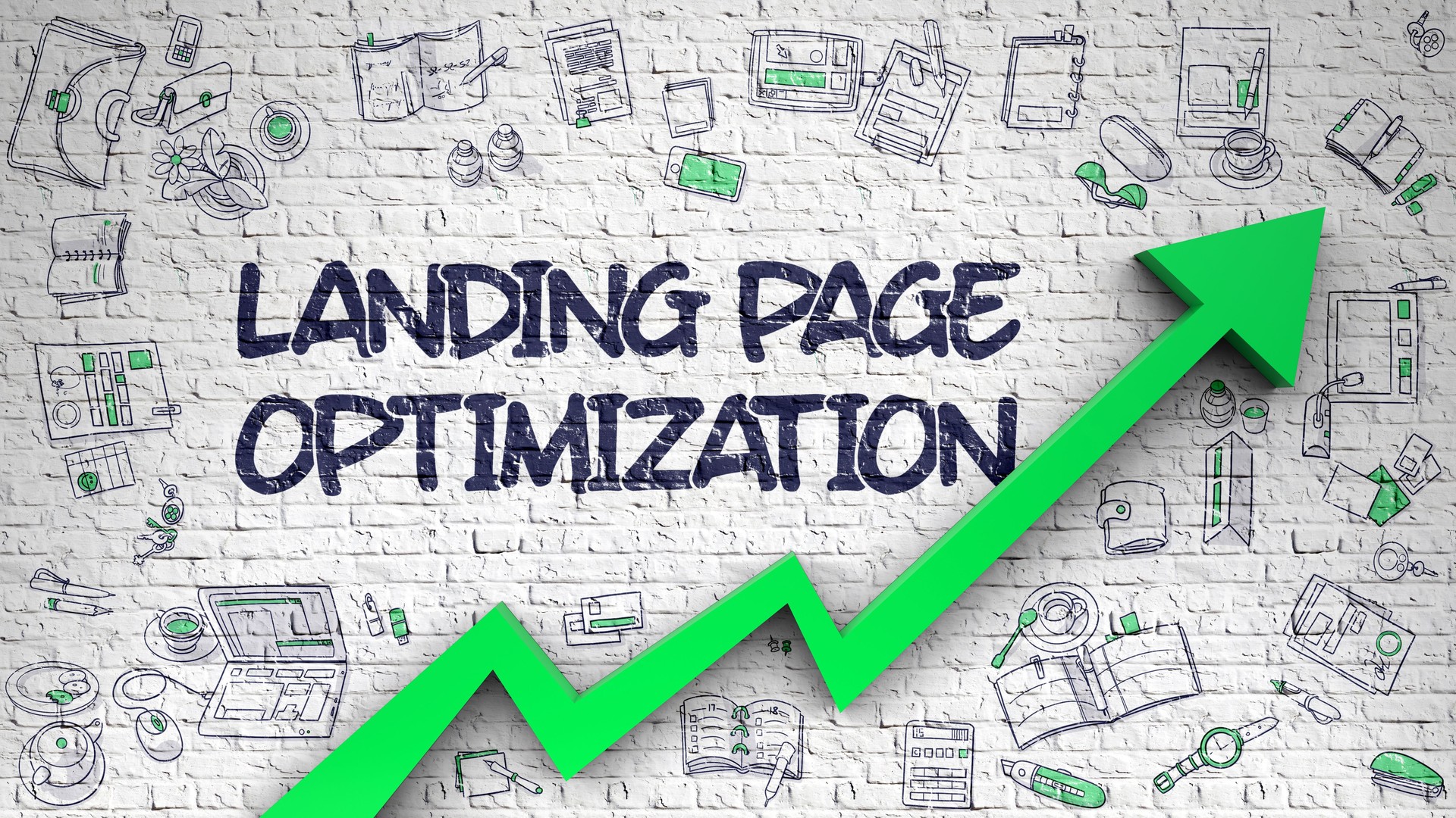 Landing Page Optimization Drawn on White Brick Wall. 3D