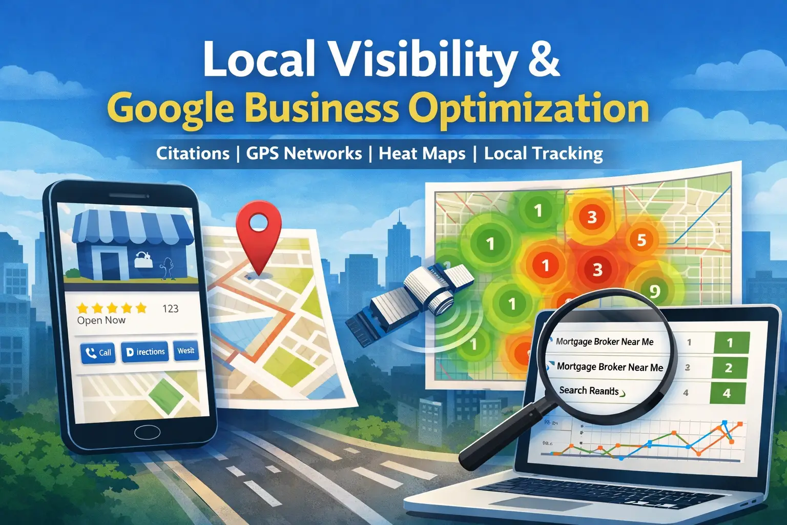 Local visibility dashboard showing a Google Business Profile, citations, GPS networks, heat maps, and local keyword tracking.