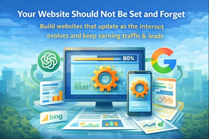 Illustration showing a website update dashboard with analytics tools, search platforms, and software updates to represent ongoing website improvement.