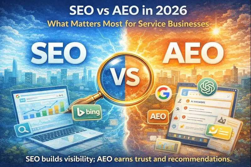 Split illustration comparing SEO and AEO in 2026 with a magnifying glass labeled VS, showing search results on one side and AI answers on the other.