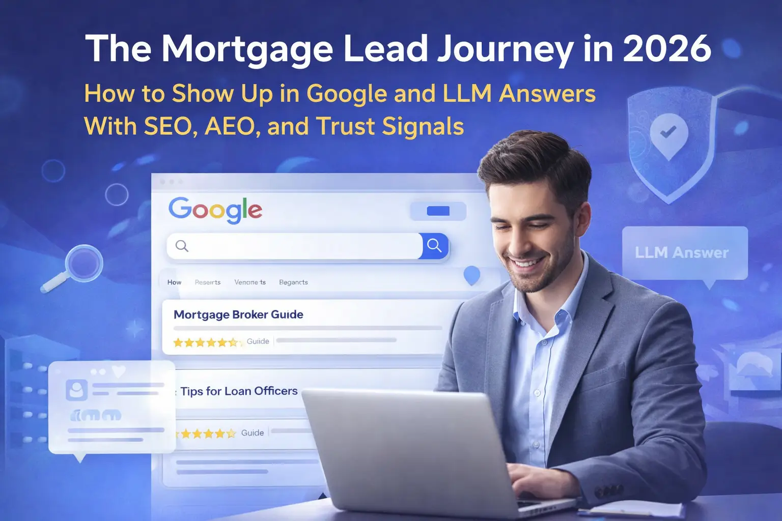 Mortgage broker using a laptop with search engine and LLM answer visuals showing SEO AEO and trust signals